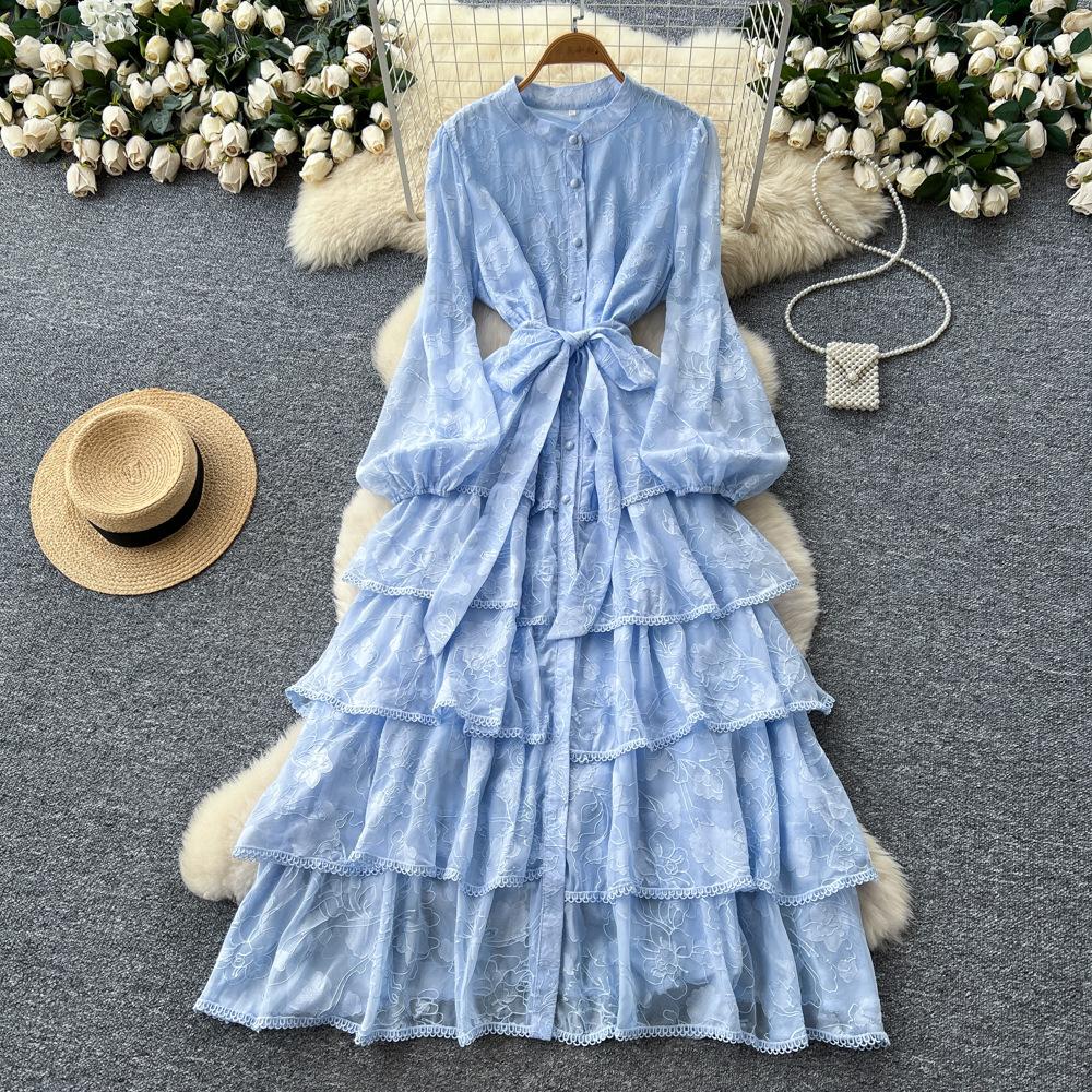 French high-end temperament lace splicing strap waist ruffle edge dress women's autumn thin elegant long skirt