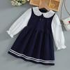 Toddler Girls' School Style Dress Navy Blue White Ruffle Collar Puff Long Sleeves 2-6 Years Kids Dress
