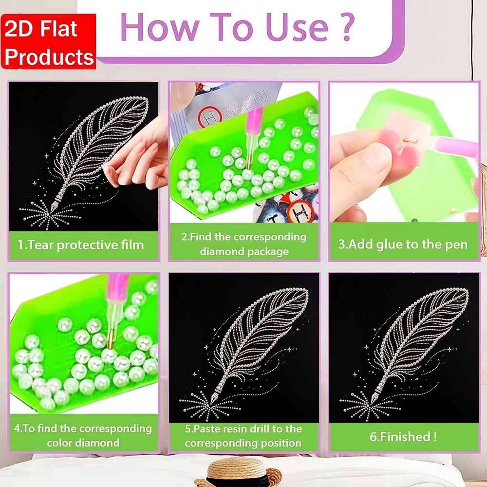 DIY Feather Pearl Diamond Painting Set with Frame. 3D Pearl Beads. Home Wall Decor