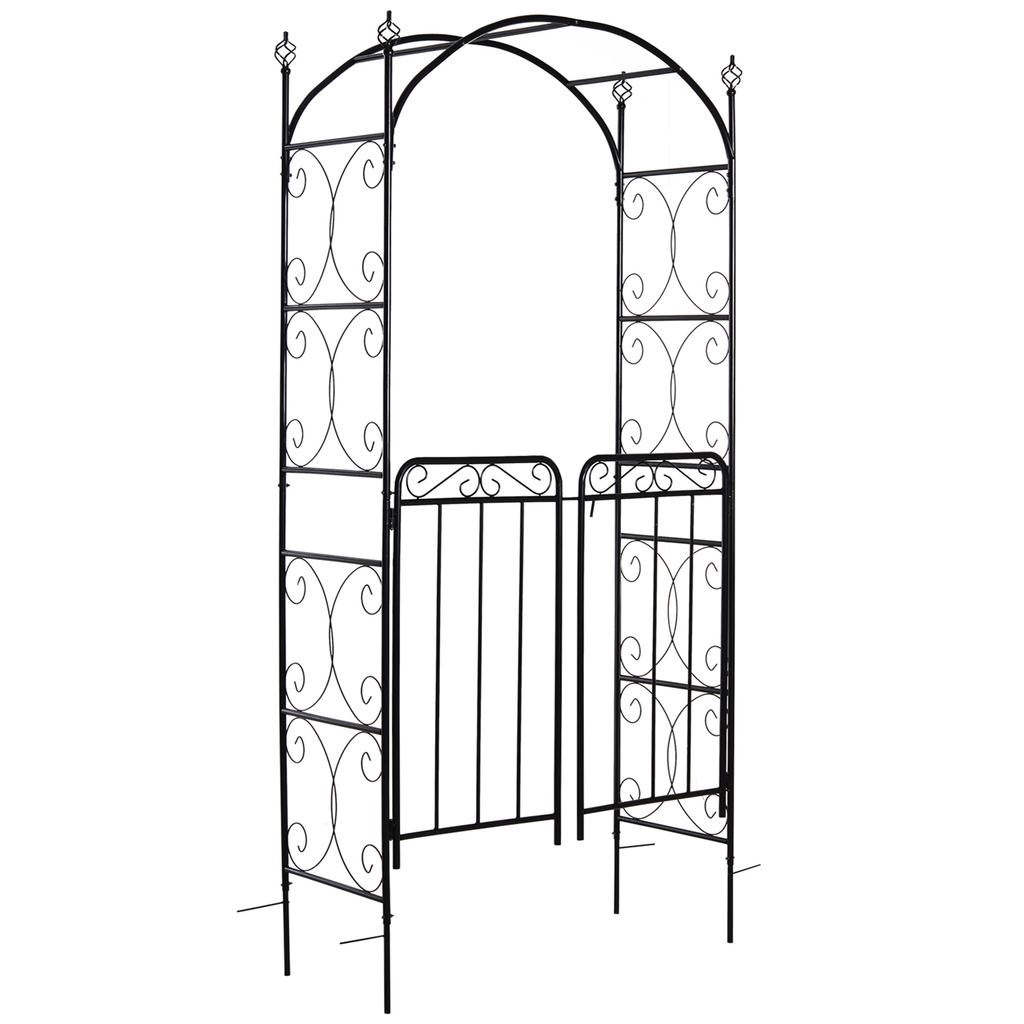 Garden Decorative Metal Arch with Gate Outdoor Patio Trellis Arbor for Climbing Plant Archway Antique Black - 108L X 45W X 215Hcm