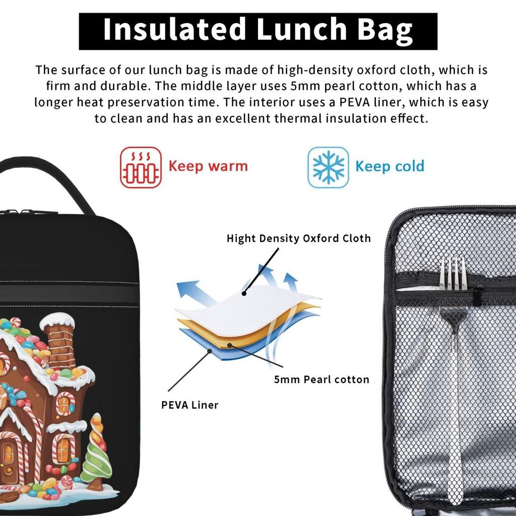 Whimsical Gingerbread House Full Of Joy Insulated Lunch Bag for Women Children Portable Food Boxes Thermal Lunch Box Tote