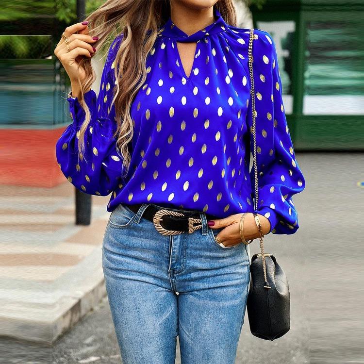Women's Loose Hollow Out Blouse Long Sleeve O Neck Top Autumn Winter Printed Commuter Casual Tops