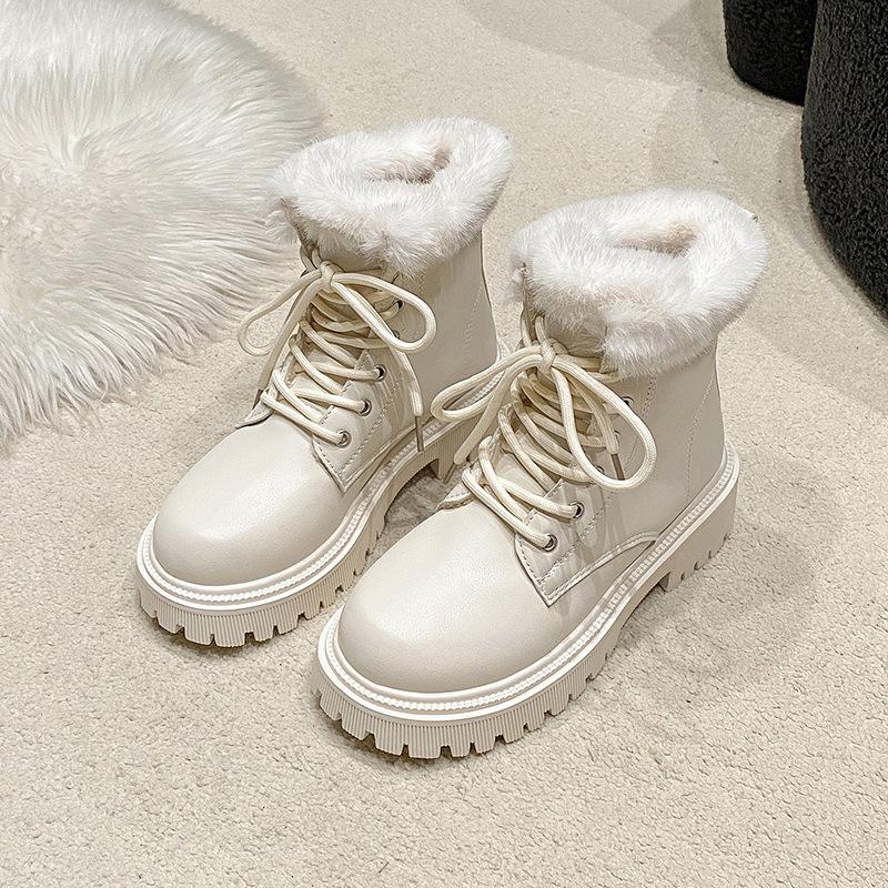Fashion Snow Boots for Women Female Shoes Winter Footwear Boots-Women Plush Round Toe Flat Heel Leather Lolita Ladies Med 2024 Fur