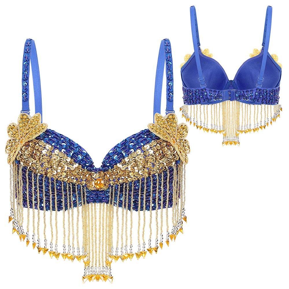 Beaded Tassels Belly Dance Tops Shiny Nightclub Sequins Bra Stage Adjustable Straps Underwired Bra For Thailand/India/Arab