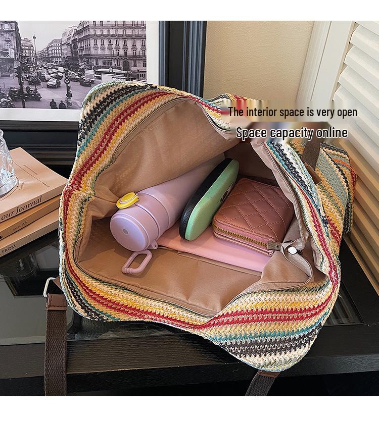 Women's Color Block Rainbow Tote Bag - Summer 2026, Large Capacity Woven Shoulder Bag