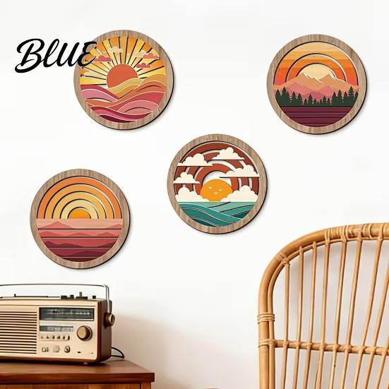 Four Piece Mountain Wall Decor 4Pcs Boho Sunset Art Abstract Landscape Round Hanging Ornaments Decorative Wooden Rounds for Living Room Bedroom