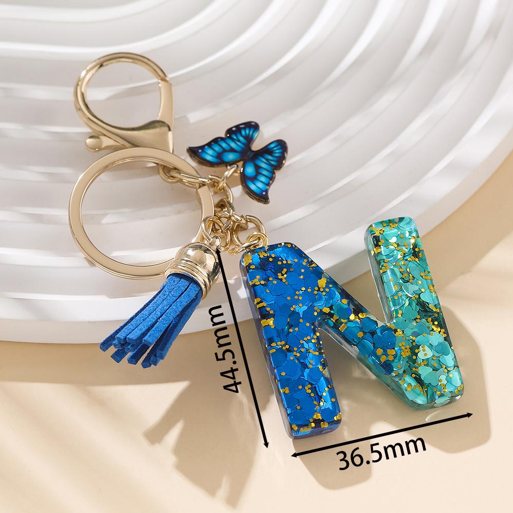 1pc Alloy Alphabet Initial Keychain Royal Blue Butterfly & Tassel Letter Keychain for Backpack Charm Accessory Key Ring Findings