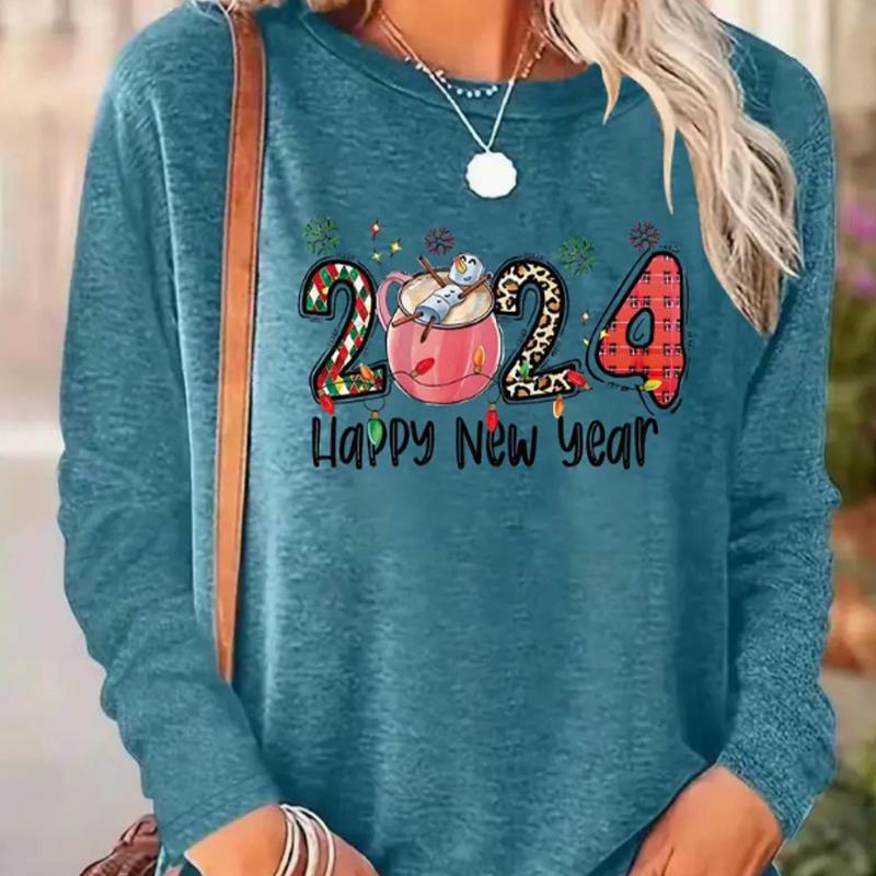 Tops For Women New Year's Snowman Print Round Neck Long Sleeve T-shirt Fall Casual Slim Pullover Women's Long Sleeve Top