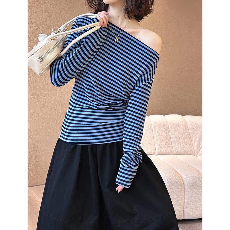 Juzhi Spring Retro Striped Off-Shoulder Slim Fit Long Sleeve T-shirt