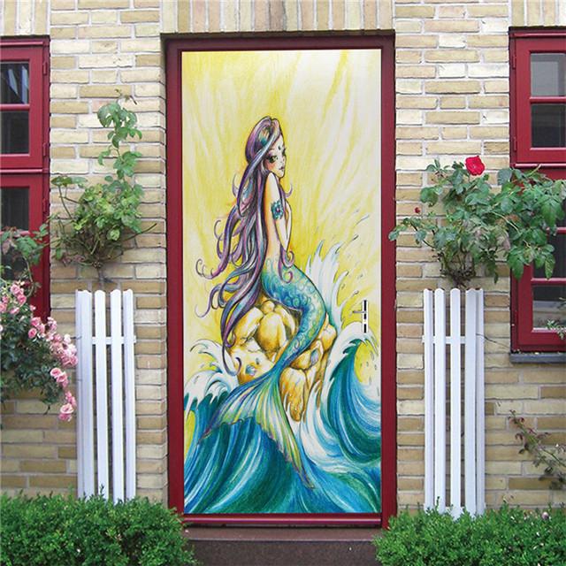 Underwater World Wallpaper 3D Door Sticker Self Adhesive PVC Fish Dolphin Poster For Kids Girls Room Home Door Decoration Murals