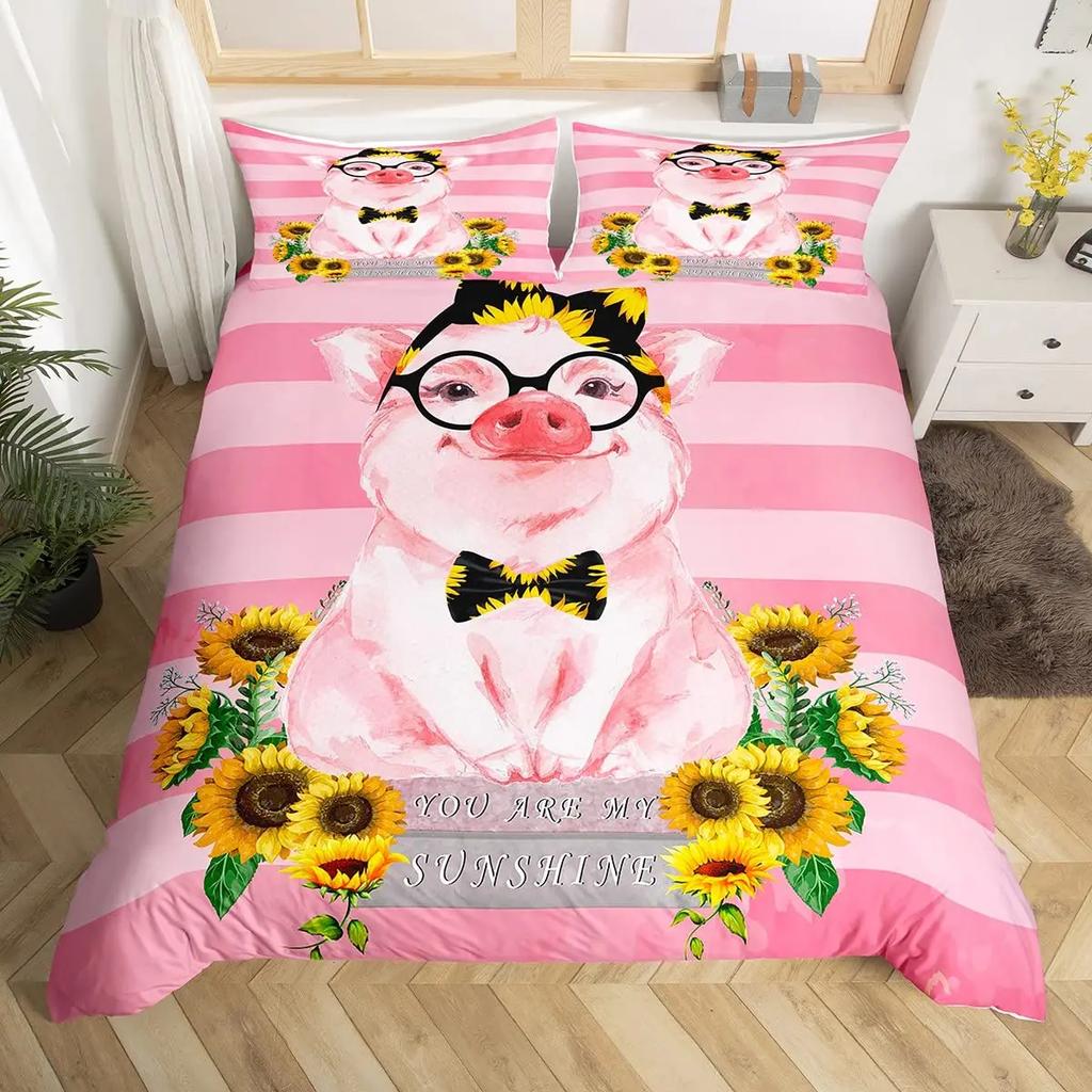 Cute Pig Duvet Cover Set For GirlsSunflowers Florals Comforter Cover Pink Grid Lattice Plaid Bedding Sets Quilt Cover Full Size