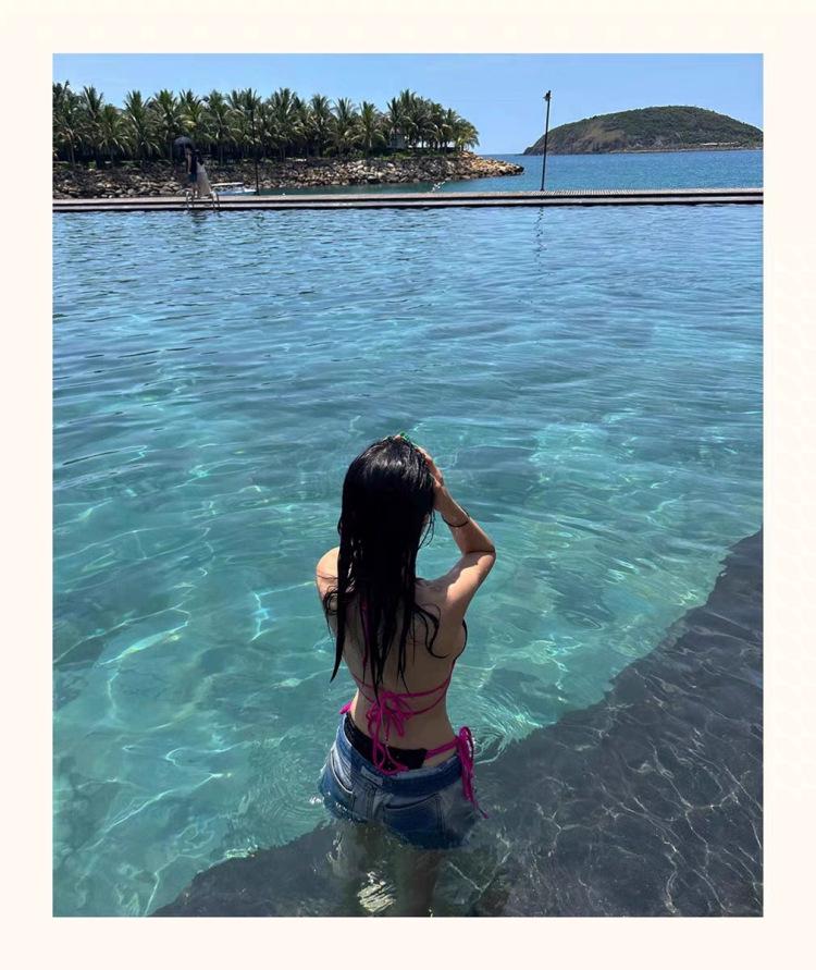 Thailand 2024 Color Block Women's Split Bikini Halter Tie-Up for Hot Springs