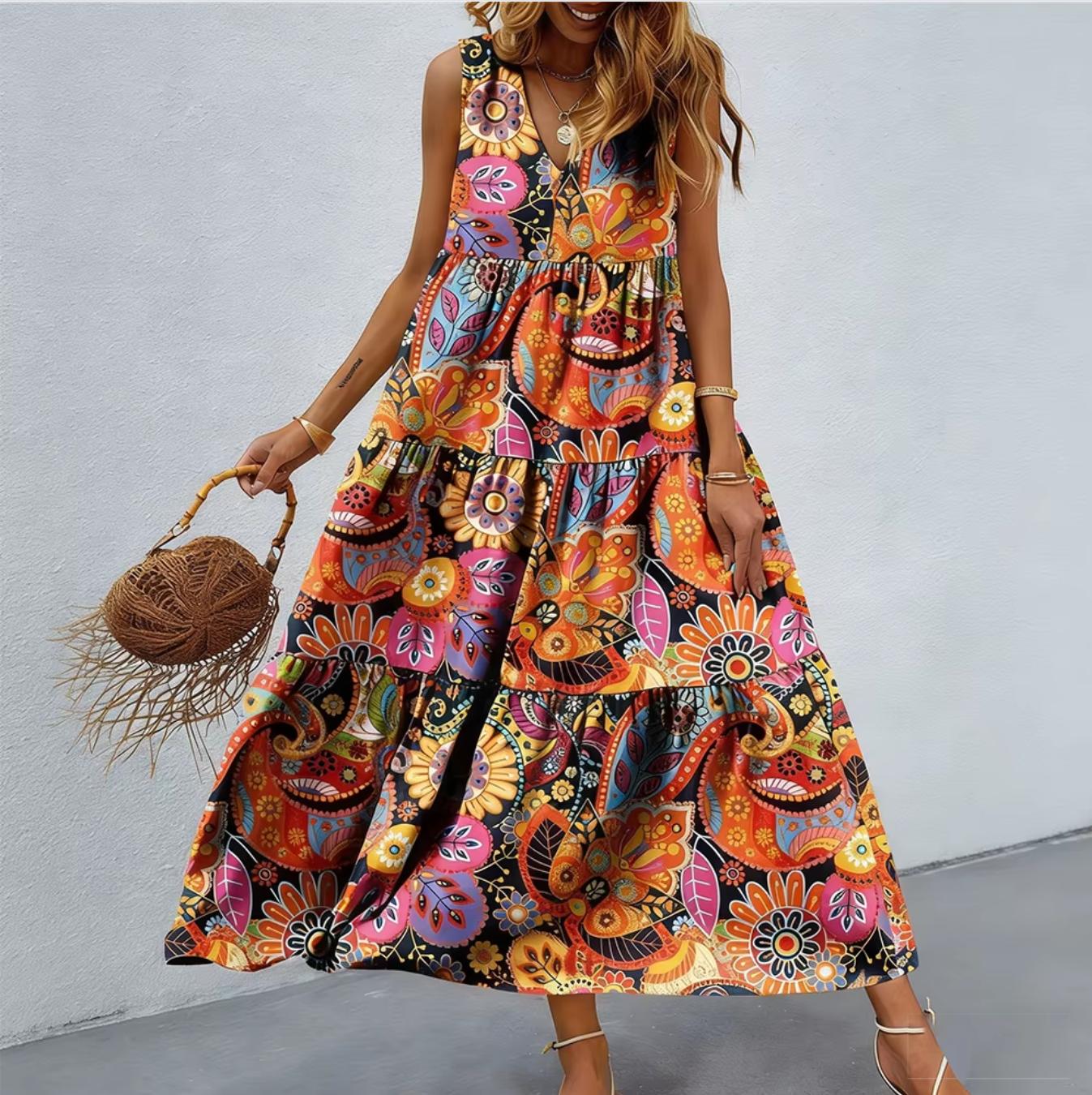 Summer Women s Bohemian Maxi Dress Ethnic Floral Paisley Print Sleeveless V Neck Tiered Ruffle A-Line Long Sundress Casual Vacation Beach Dress S оранжевый