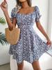 Abito Stampato con Scollo Quadrato Vita Alta Abito Elegante da Donna Manica Corta Abiti Ampi Abito Casual