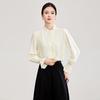 Nanyou Hofstil Tencel-Hemd: Damen Elegantes Krepp-Gefühl, Holzohr-Rand, Stehkragen, Frühlings-Oberteil