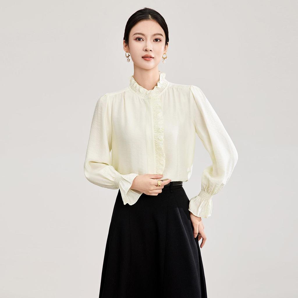 Nanyou Hofstil Tencel-Hemd: Damen Elegantes Krepp-Gefühl, Holzohr-Rand, Stehkragen, Frühlings-Oberteil