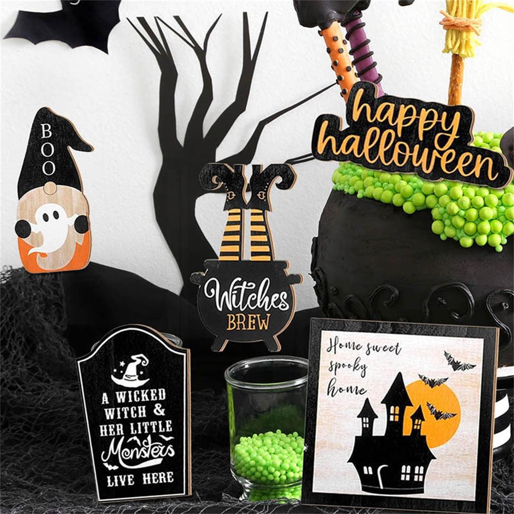 14 Pcs Halloween Tiered Tray Decor Set Cute Halloween Wooden Signs Rustic Gnomes Trick Or Table Sign For Halloween Party Favors