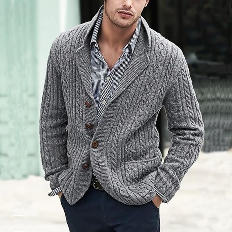 Men's Chunky Knit Cardigan with Cable Stitch Detail, Four-Button Front, Available In Multiple Colors