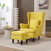 Wingback Chair with Footstool, Upholstered Armchair with Rubberwood Legs, Fabric Cover, Yellow