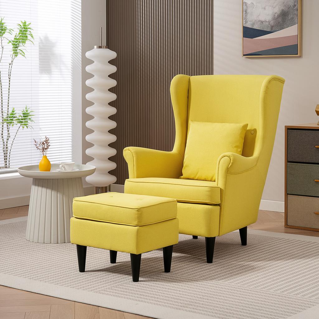 Wingback Chair with Footstool, Upholstered Armchair with Rubberwood Legs, Fabric Cover, Yellow