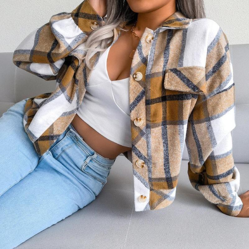 Autumn and Winter Plaid Lantern Long Sleeve Tweed Jacket