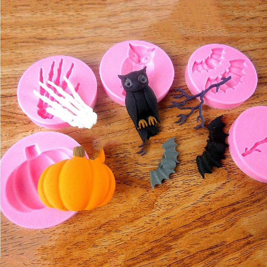 2.2" Halloween Silicone Fondant Molds for Cake & Cupcake Chocolate Pumpkin Skull Hand Bat Owl Branch Spider Candy Molds JXB