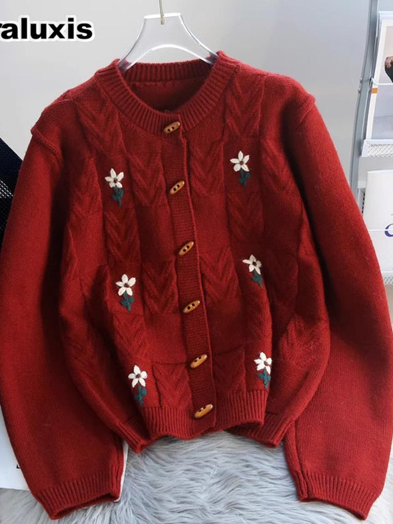 Vintage Handcrafted Embroidery Macrame Knit Sweater Coat Women Autumn New Style Loose Thick Lazy Style