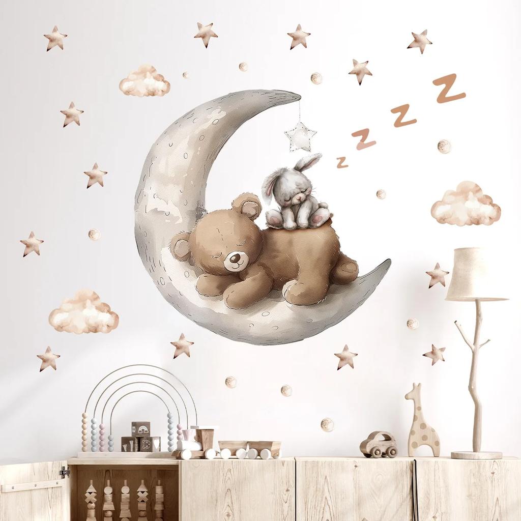 Moon Rabbit Bear Wall Stickers Cute Ins Style Cartoon Decals for Kids Room Nursery Kindergarten Decor Home Background Decal