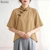 Women Stand Collar Half Sleeve Embroidery Casual Asymmetrical Hem Blouse