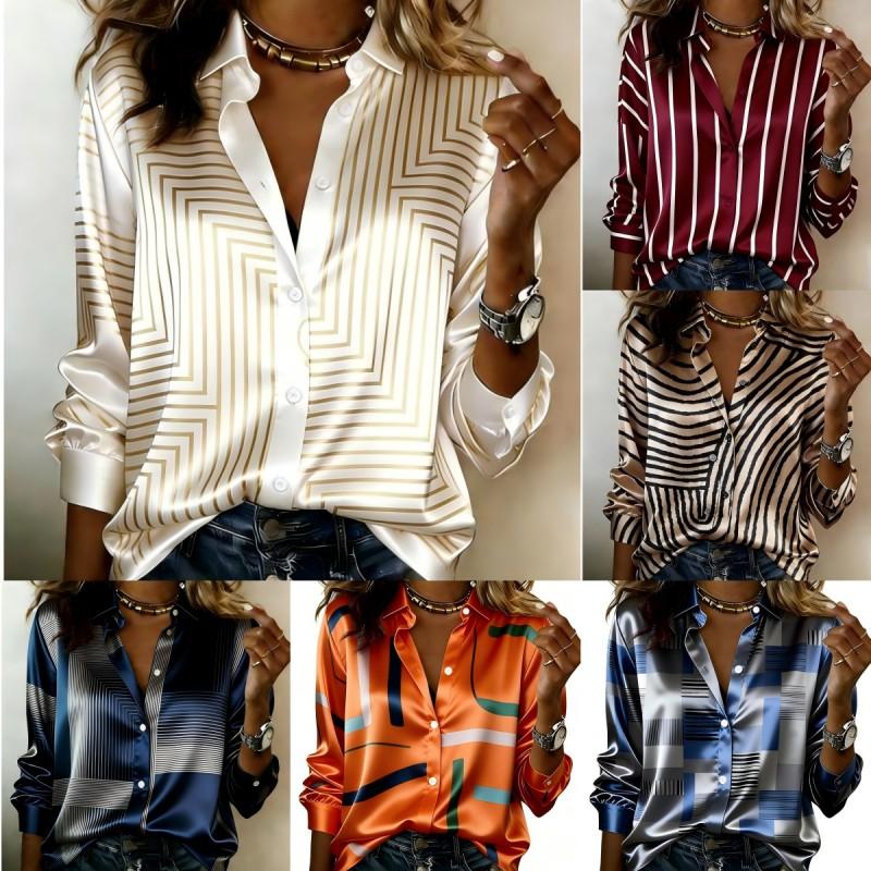 Ladies Silky Satin Contemporary Geometric Line Pattern Printed Shirt Long Sleeve Lapel Collar Button Down Elegant Casual Blouse