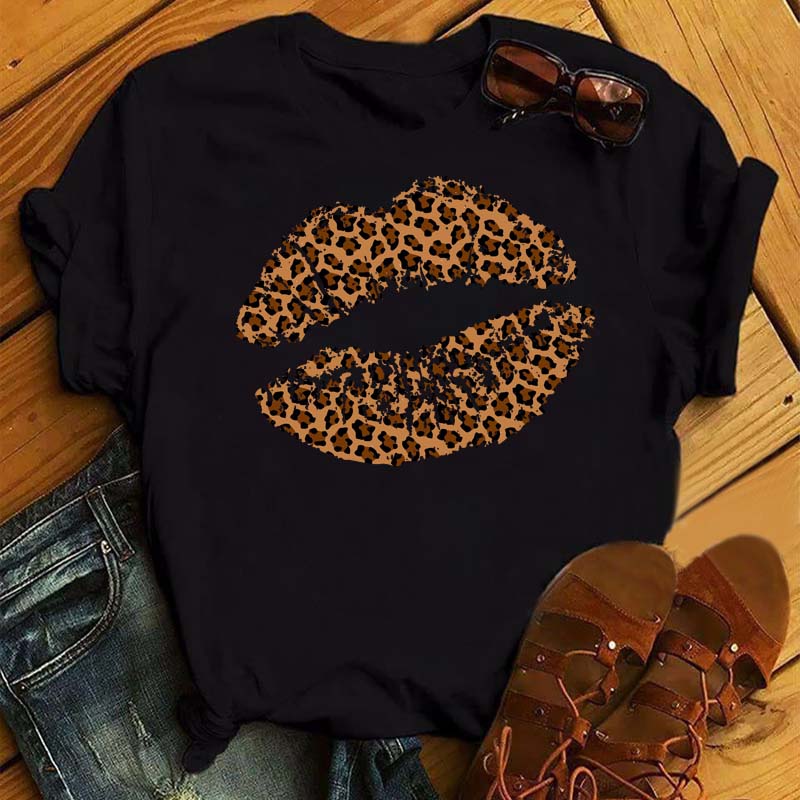 New Unisex Pink Lips Leopard Graphic T Shirt Casual Fahion Oneck Sexy Black Tees Kiss Lip Funny Girls Tshirtdrop Shipping