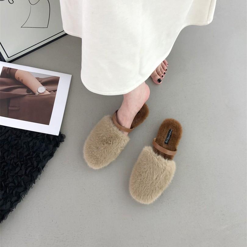 2025 autumn and winter fluff drag round head average size skin tone plush spot comfortable Korean version bag head thick heel