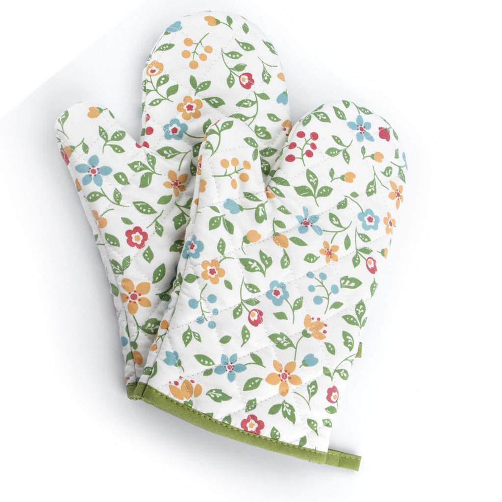1 Pair Oven Gloves Non Slip Flower Grass Pattern Heat Resistant Microwave Mitts for Cooking Kitchen