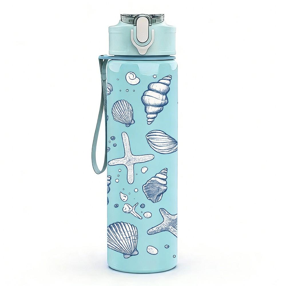 1PC Starfish Seashell Ocean Pattern Print 750ml Color Plastic Sports Water Bottle Leakproof Flip Straw Lid Suitable for Sports Office Home Use