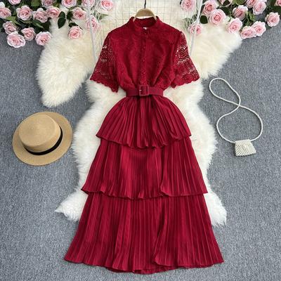 Mulheres verão retro sólido plissado oco elegante vestido em camadas primavera renda manga curta vestidos longos de cintura alta