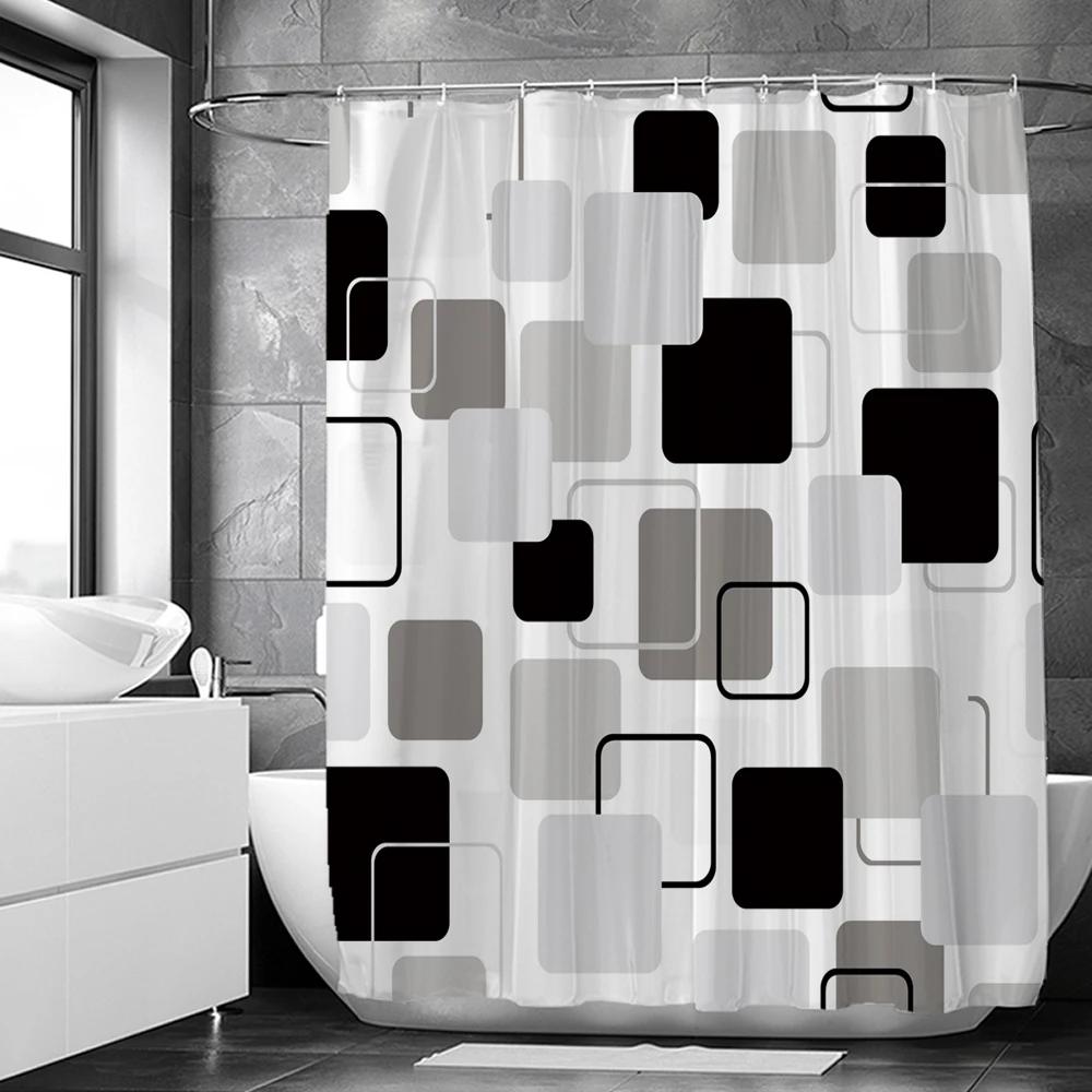 Black and White Geometric Pattern Shower Curtain Bathroom Waterproof Polyester Fabric Bath Screen Curtain Decor for Bathtub