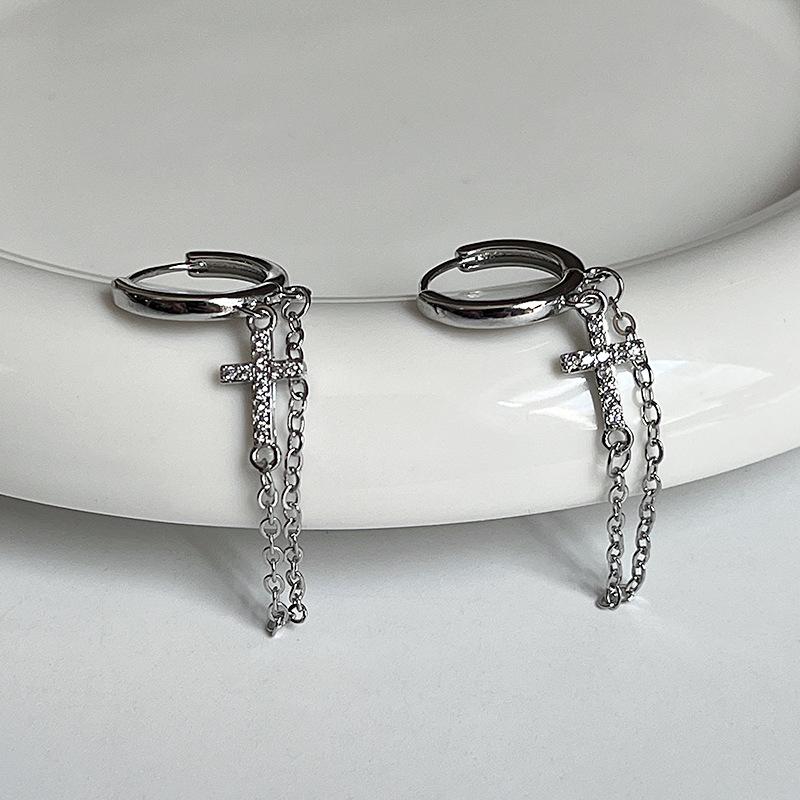 Fashionable And Creative Cross Inlaid Zircon Earrings For Men And Women Hip-hop Punk Tassel Pendants, Daily Party Jewelry Gifts