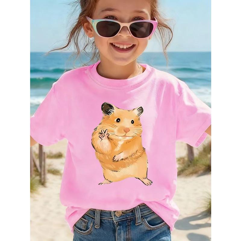 European Sizes Girl's Round Neck Short Sleeve T-Shirt with Cute Hamster Making a Heart Gesture Print, Fashionable Casual Top