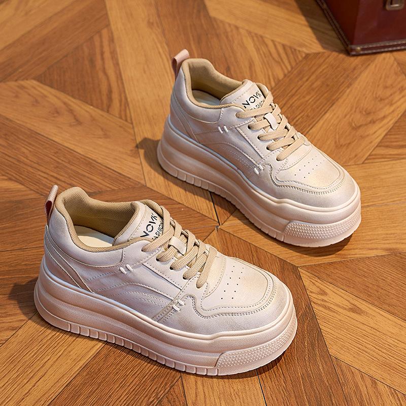 Fashion 6CM Genuine Leather Comfy Hidden Heel Block Flats Skate Board Platform Wedge Breathable Sneakers Vulcanized Chunky Shoes