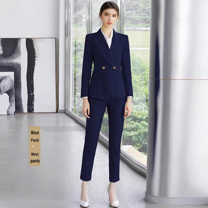 Navy Blue Shawl Collar Women's Slim Fit Business Suit Trousers for Spring and Autumn