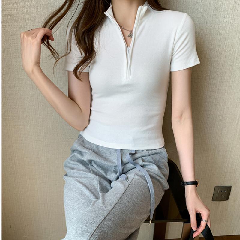 Summer New Slim Fit Cotton Short Sleeve Casual T-shirt Women Fashion Zipper Stand Temperament Simple Woman Tshirts Elegant Office Lady Tees Tops 26570