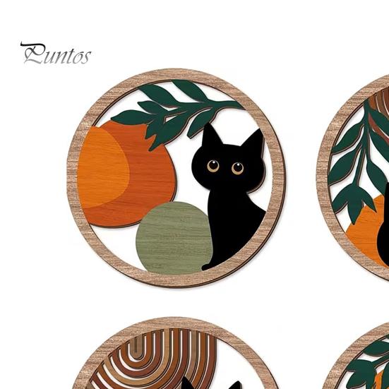 Cat Theme Wall Sign 4Pcs Black Decor Set, Boho Cartoon Hanging Art, Art Set Farmhouse Rustic Wooden Plants for Bedroom Living Room Office