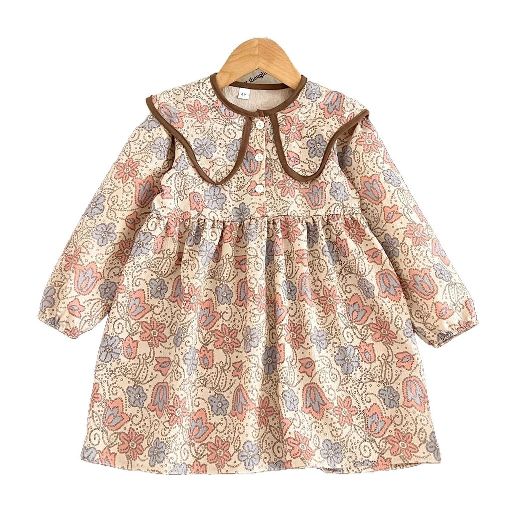 Spring Autumn Little Girls' Korean Style Princess Dress with Doll Collar and Flare Sleeves