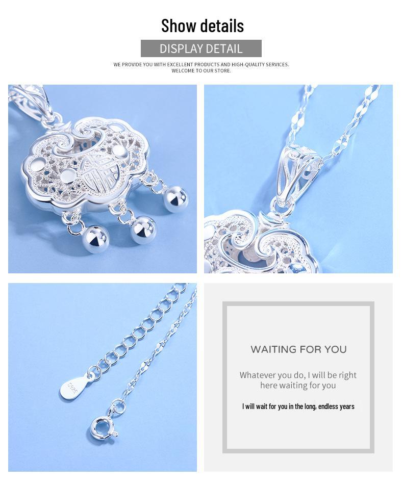 SHIAI S925 Sterling Silver Peace Lock Fu Character Retro Clavicle Chain Pendant