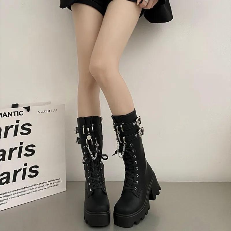 Fashion Women's Punk Gothic Boots Fashion Buckle Chain High Heels Mid Calf Boots Women Black Pu Leather Plus Size 42 Autumn Botas