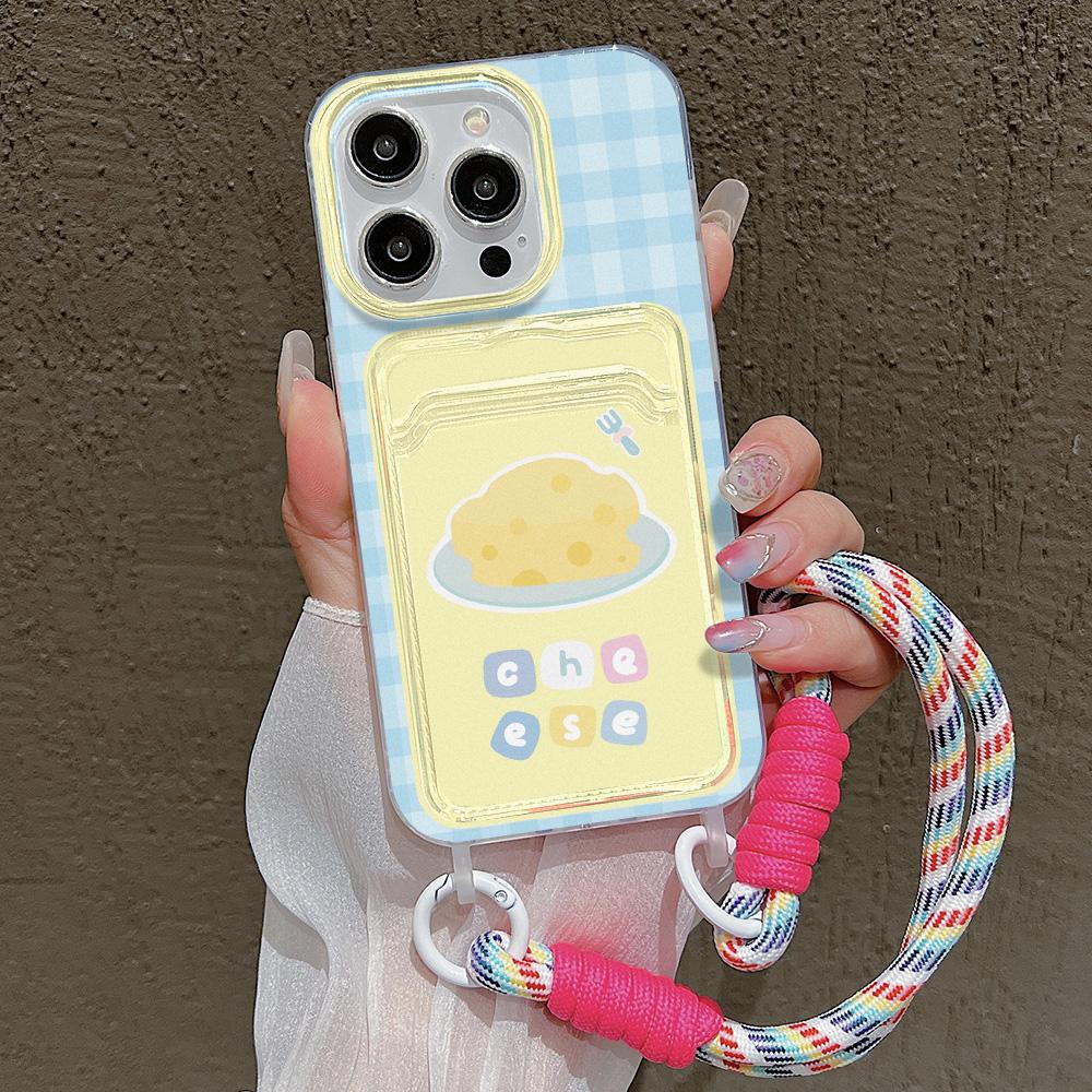Cute Cheese Card Slot Bag Holder Phone Case For iPhone 15 16 Pro 13 11 12 14 Pro Max XR XS X 7 8 Plus SE  Lanyard Soft Cover