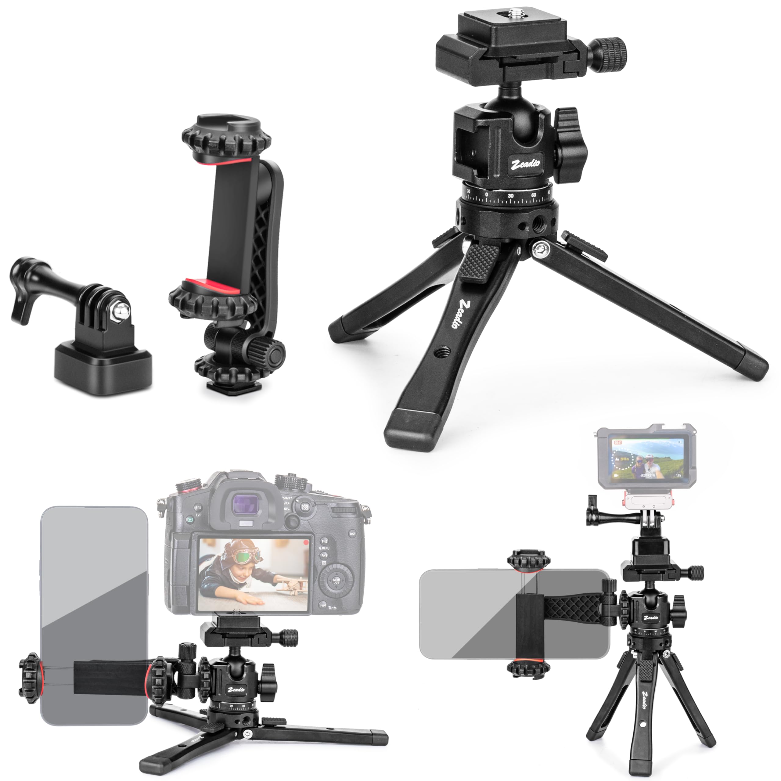 

Zeadio Metal Tripod Kit with Arca Ball Head Universal Phone Blogging Smartphone Stand Travel Tripod for Action and More Heavy-Duty - Kit, &