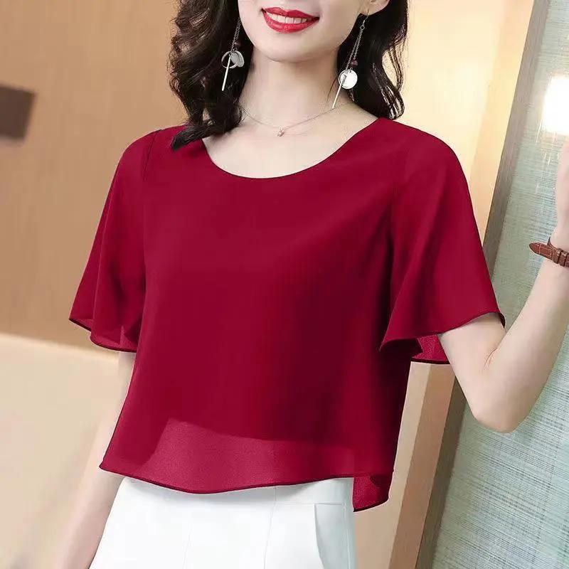 Women's Summer Short-Sleeve Cropped Chiffon Blouse Middle-Aged Mom's Round Neck Simple Elegant Top