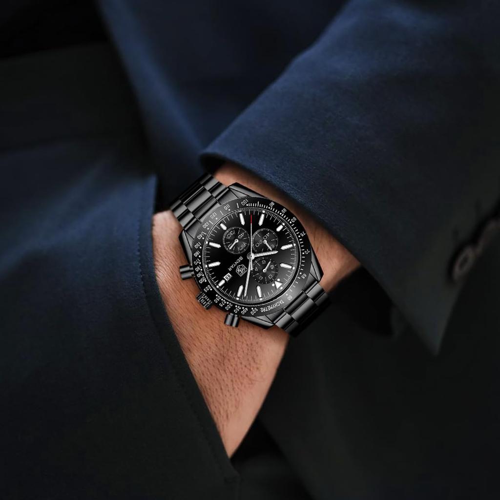 Benyar Men's Chronograph Watch 30M Water Resistant Formal Leather Band Silver Black Quartz Stylish Gift