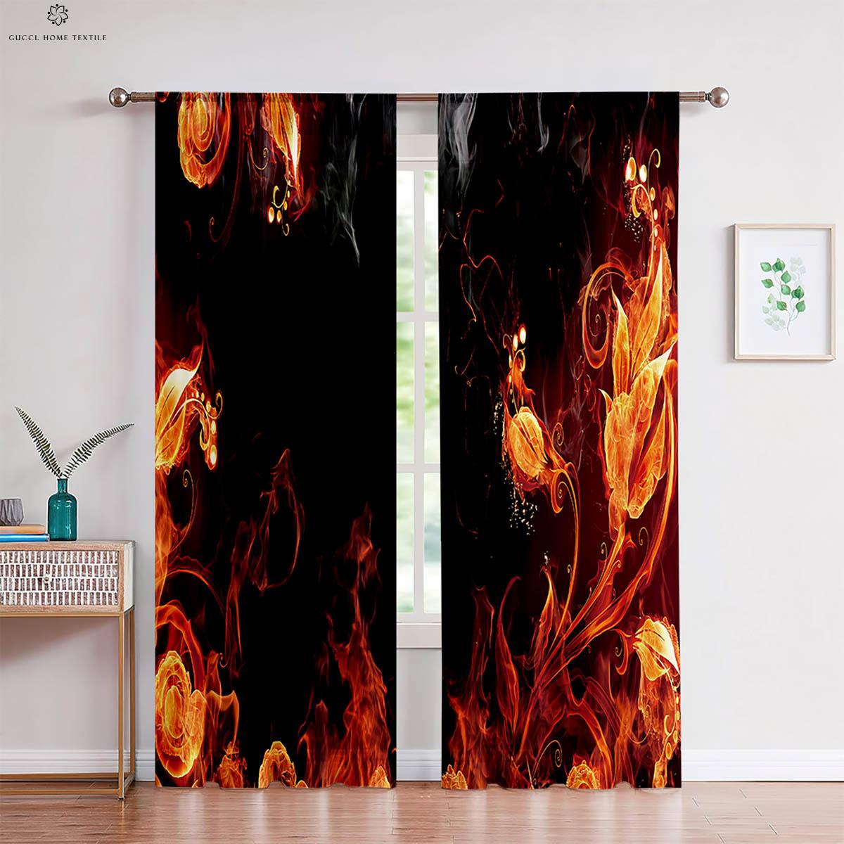 

2pcs Water Flame Two Pole 3D Printing Curtain Polyester Fiber Machine Washable Bedroom Living Room Kitchen Decorative Curtain W50xH130(CM)x2PCS&Grommet Top